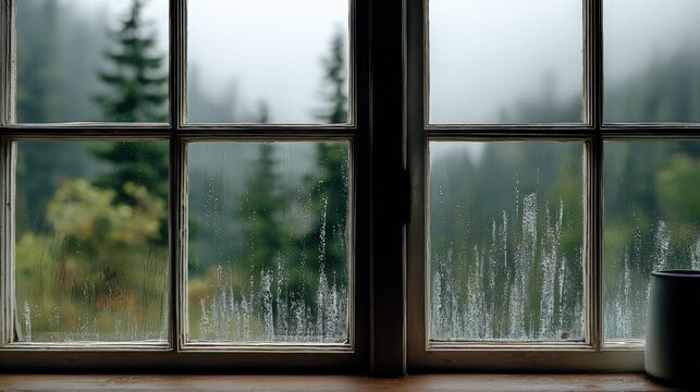 Indoor View of a Foggy Rainy Window Showing Water Droplets and Blurred Green Forest in the Background on a Overcast Day