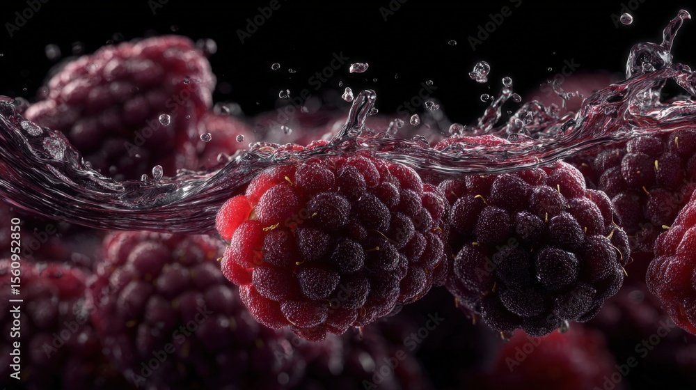 Poster fresh ripe blackberries falling into water with splash and bubbles close-up with dark background and