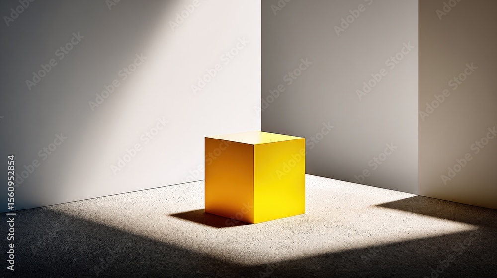 Poster minimalist modern interior room with shadows and bright yellow box creating dynamic lighting and spa