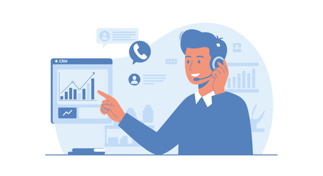 Professional Man Using Headset Explaining Financial Data On Screen Illustration