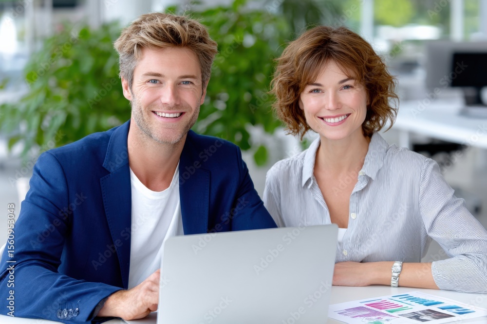 Poster two businesspeople smiling and working together at a desk in an office environment with a laptop and