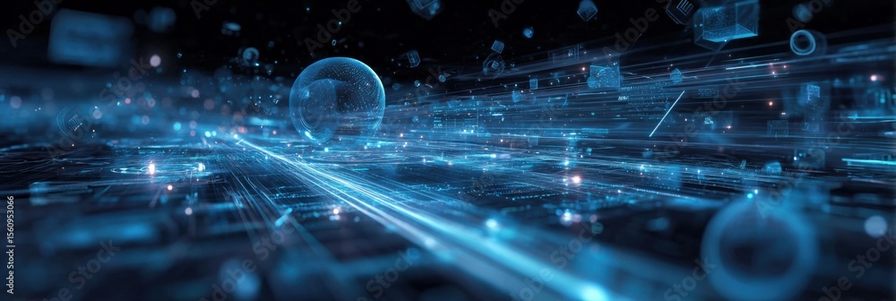 Poster Futuristic digital technology concept showcasing glowing blue network lines and bubbles over a dark background representing data transfer and connectivity