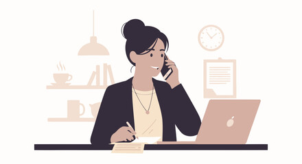 Professional Woman Working On Laptop While Talking On Mobile Phone At Desk