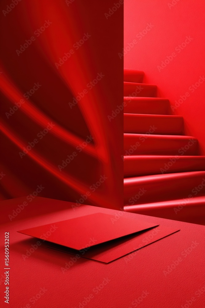 Poster modern minimalistic interior design with smooth flowing red fabric and staircase against vibrant pin