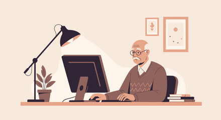 Senior Man Working On Computer At Home Modern Office Illustration