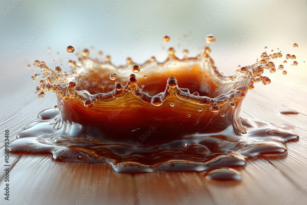 Poster close-up of a dynamic splash of dark coffee coffee bean extract swirling and splashing on a wooden s