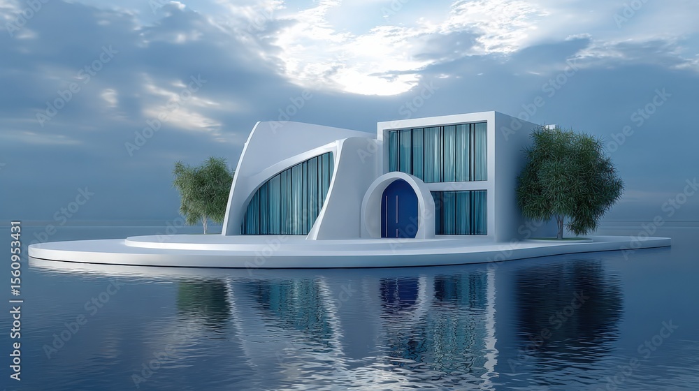 Poster Modern futuristic white building with curved and angular design featu glass and surrounded by water and trees under cloudy sky