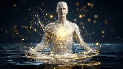Futuristic digital art of a transparent female humanoid figure meditating in water with glowing golden particles around her against a starry night sky