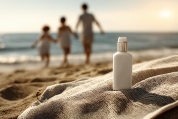 Sunscreen bottle on sandy beach with blurred children walking along shoreline at sunset in summer for skincare protection and outdoor activity promotion