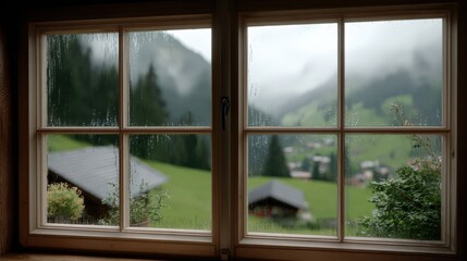 Fototapeta premium Scenic view through a large wooden-framed window overlooking lush green landscape with hills and trees on a cloudy rainy day