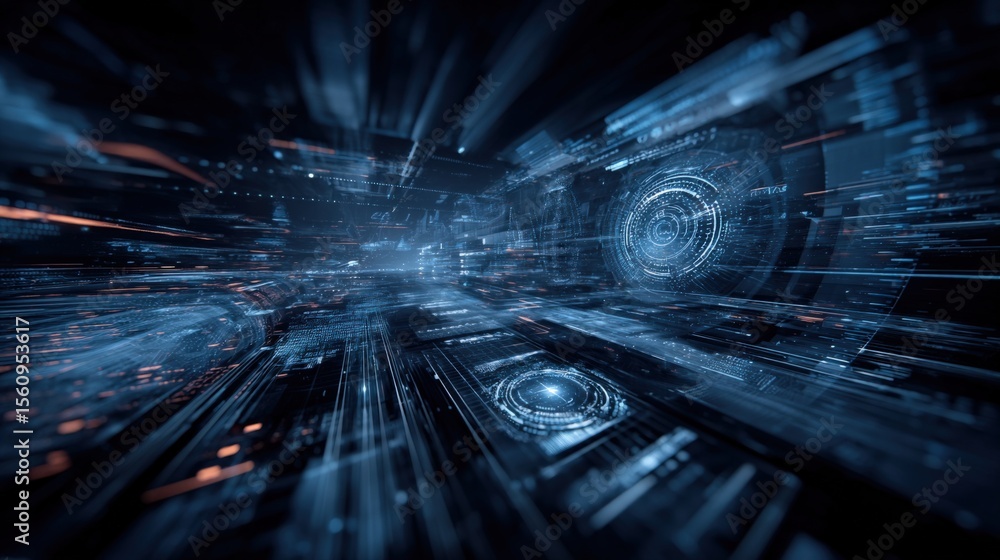 Poster Futuristic digital data interface with glowing holographic elements and motion blur effect, high technology and cyber network concept