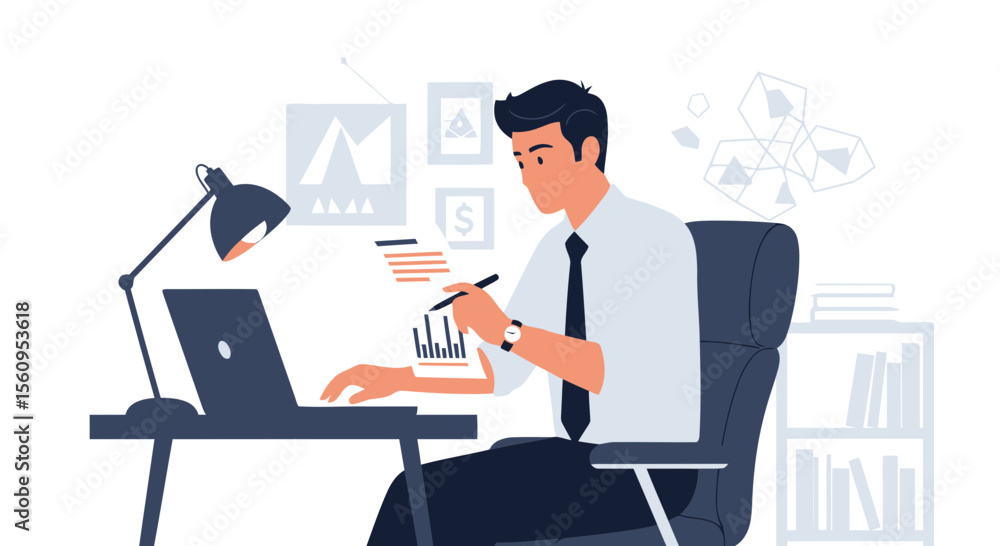 Poster professional man analyzing data and working at computer in home office