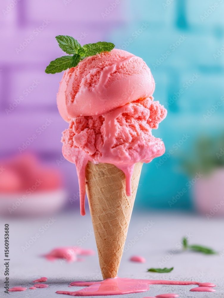 Poster vibrant analytical image of a pink two-scoop ice cream cone with fresh mint garnish on a colorful ba
