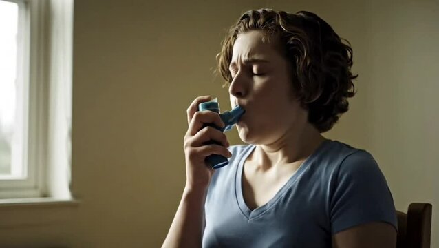 A woman sucking on an inhaler for asthma