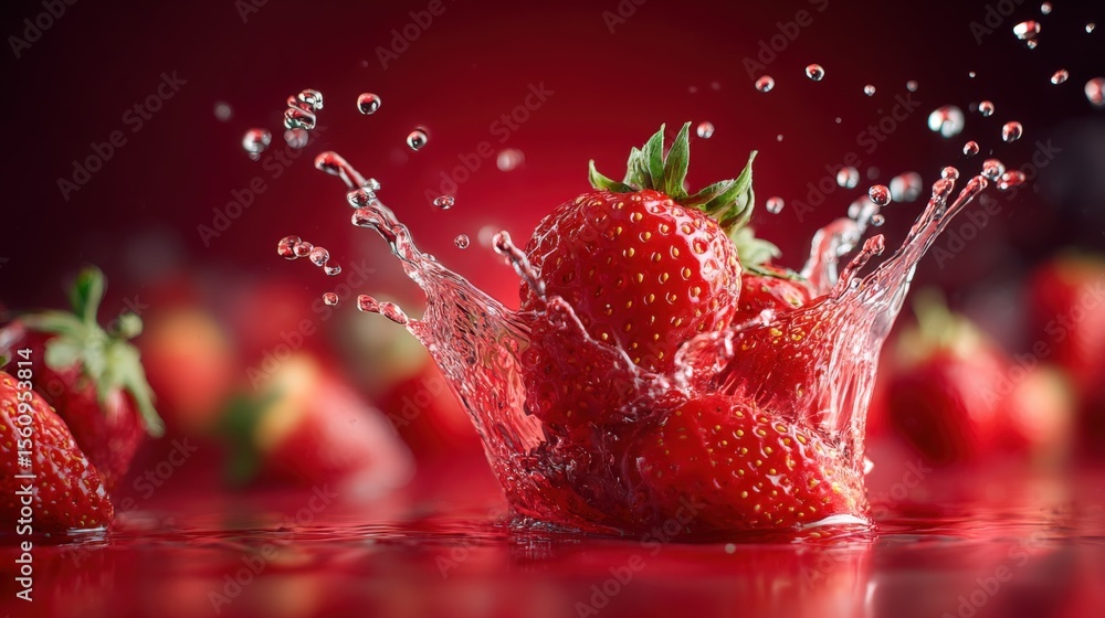 Poster fresh ripe strawberries splashing in water with droplets and red background, close-up macro of juicy