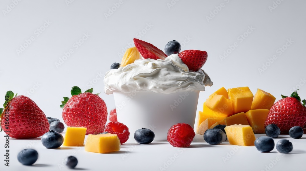 Aufkleber fresh and delicious mixed berry and mango yogurt parfait with whipped cream and fruit garnish on whi