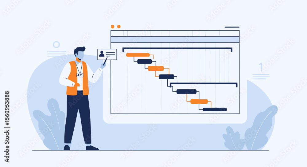 Poster project management schedule showing business tasks and presenter displaying workflow