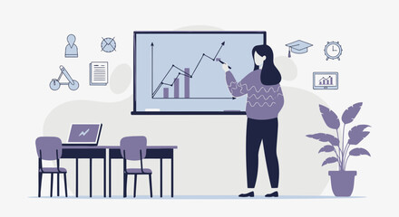 Woman Presenting Financial Growth On Whiteboard In Modern Office Environment