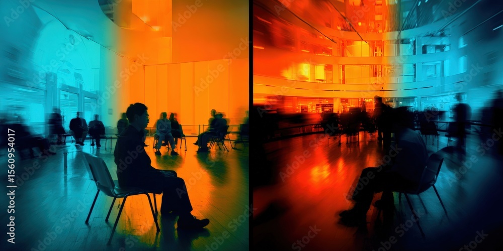 Poster dynamic split-screen image of people sitting in a modern art exhibition with vibrant color lighting 