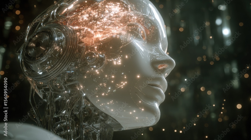 Poster Highly detailed futuristic humanoid robot head with glowing illuminated circuit patterns and digital network effects in a high-tech environment