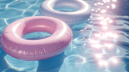 Two pastel-colored inflatable rings on a rippled pool surface