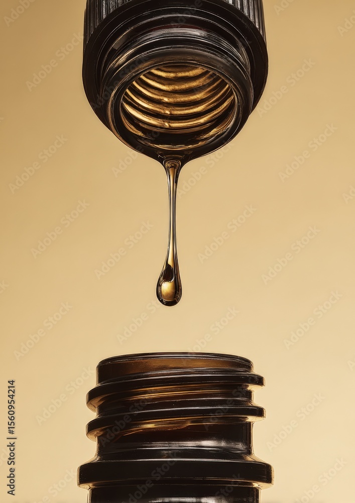 Poster Close-up of a dark dropper bottle releasing honey or syrup onto multiple stacked dark jars with a golden background and reflective surface