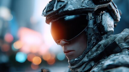 Close-up of a female soldier in tactical gear wea a helmet and reflective sunglasses in an urban setting du twilight with blurred city lights in the background