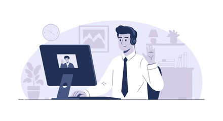 Virtual Connection: Man Engaged in Remote Communication Via Video Conference