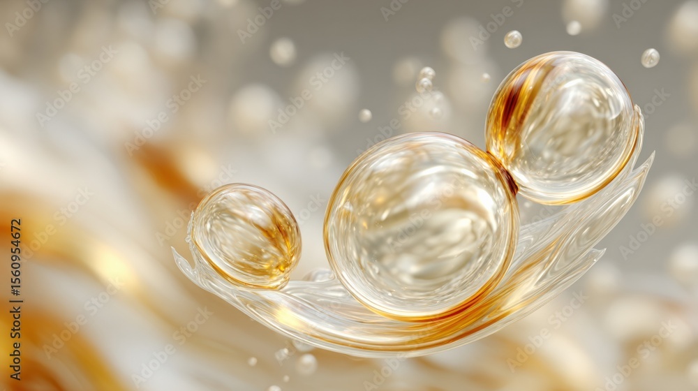 Aufkleber Close-up of transparent glass bubbles with golden streaks floating above smooth reflective surface with blurred background