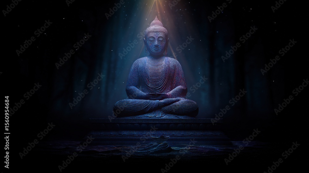 Poster serene meditative buddha statue with soft light and dark cosmic background symbolizing peace inner c