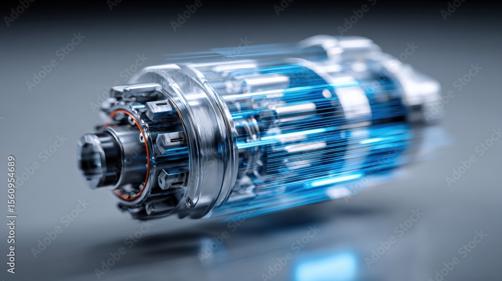Poster highly detailed futuristic hybrid electric motor and advanced energy storage system with intricate c