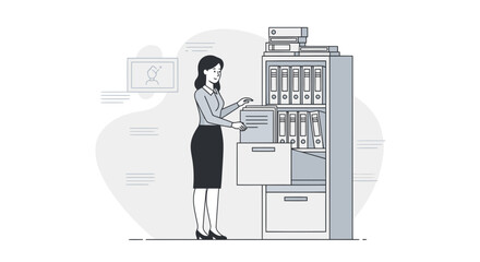 Woman Retrieves Documents From Office Filing Cabinet At Workplace