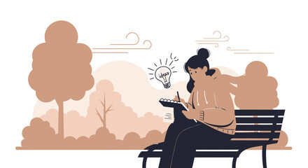 Woman With Ideas Sitting On Bench In Park Vector Illustration