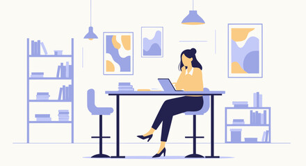 Woman Working From Home At Desk In Stylish Room Illustration