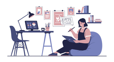 Woman Working At Home As Graphic Designer With Digital Tablet