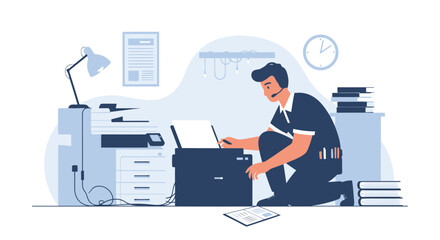 Technical Support Agent Fixing Printer at Office Setting Professional Maintenance