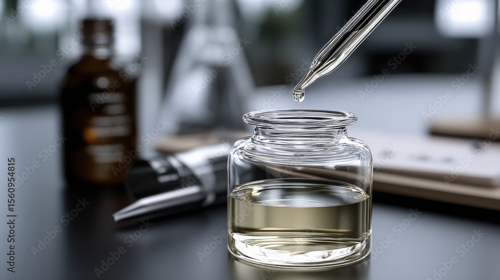Poster close-up of a glass dropper dispensing liquid into a clear glass jar on a laboratory workspace with 