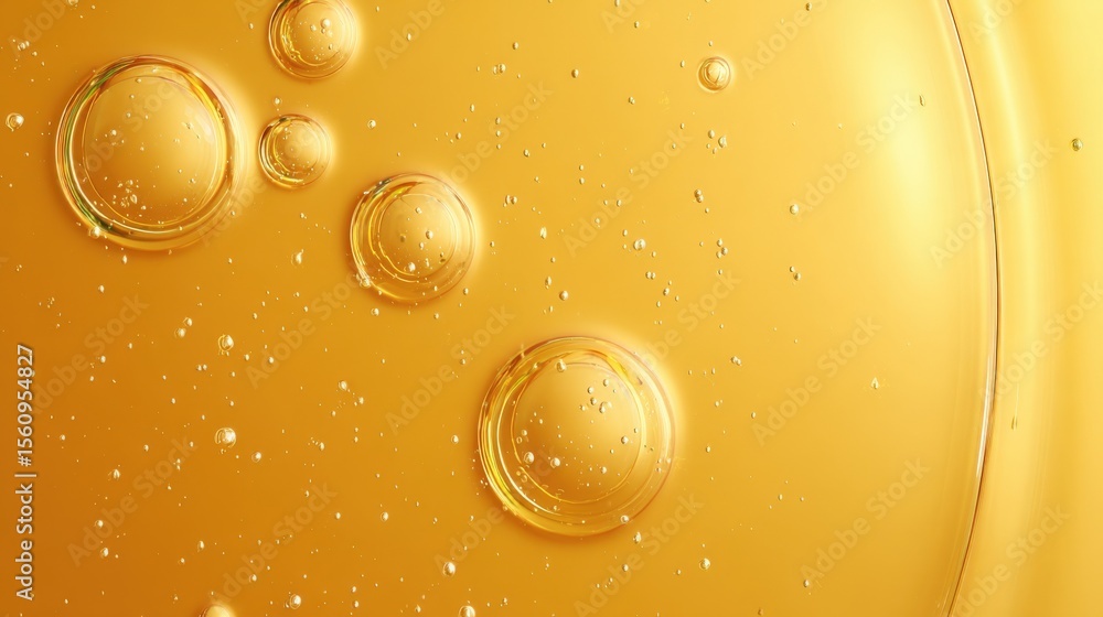 Poster close-up of golden oil with bubbles and droplets, reflective liquid with vibrant color and smooth te