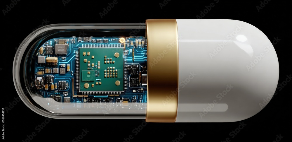 Poster close-up of a capsule-shaped electronic device with exposed circuit board and microchips on black ba