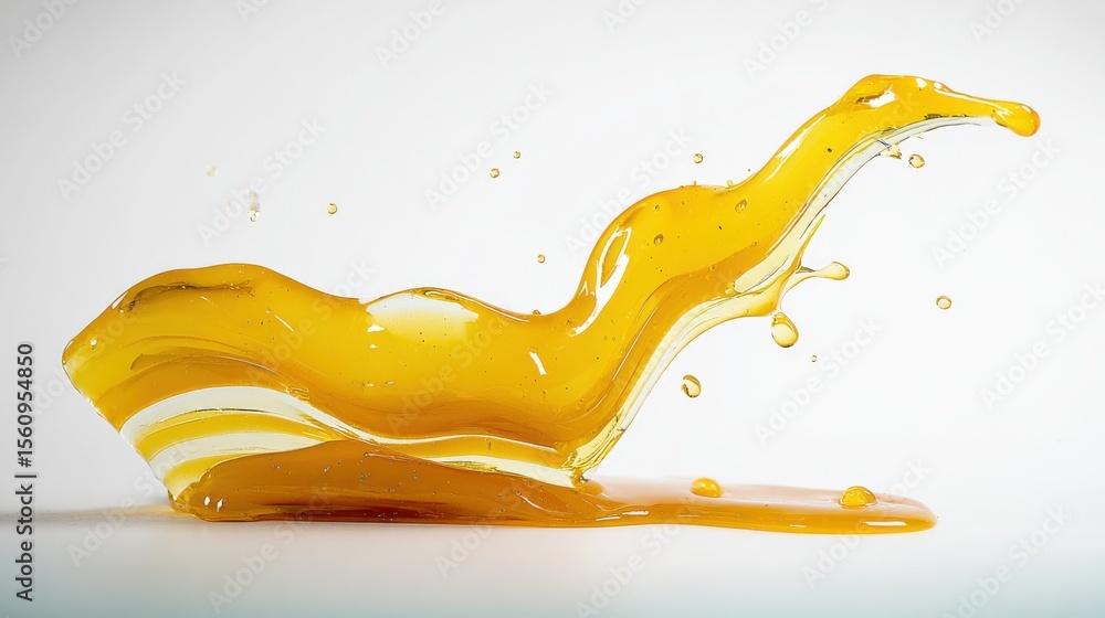 Poster Abstract dynamic splash of yellow-orange liquid with high clarity and detailed flowing motion on white background in macro view