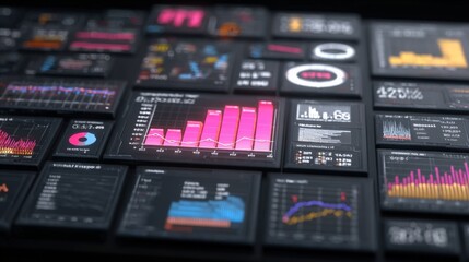 Highly detailed digital visualization of financial data and analytics including graphs charts and statistics on modern touchscreen interface
