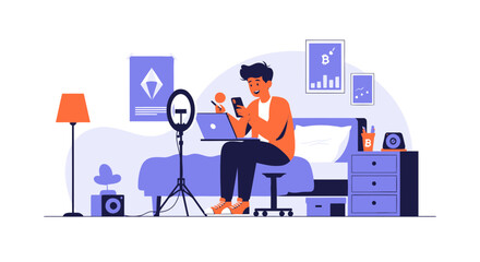 Young Influencer Broadcasting Live Stream Sitting At Home Working With Laptop And Smartphone