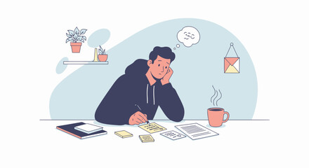 Young Man Doodles With Hot Drink Creative Block Studying Home Minimalistic Interior