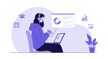 Naklejka premium Online Education And Remote Work Young Woman Learning And Taking Notes At Home