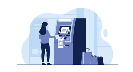 Woman Makes Transaction At Atm After Shopping With Bags Isolated Design