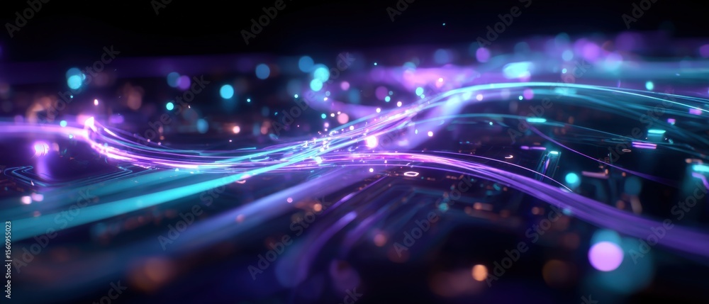 Poster Vibrant Abstract Light Trails with Bright Glowing Particles in Dynamic Motion for Digital Art and Technology Visuals