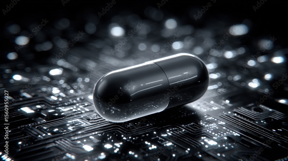 Aufkleber Close-up of a sleek black capsule pill resting on a futuristic printed circuit board with glowing reflective digital elements and high-tech ambiance