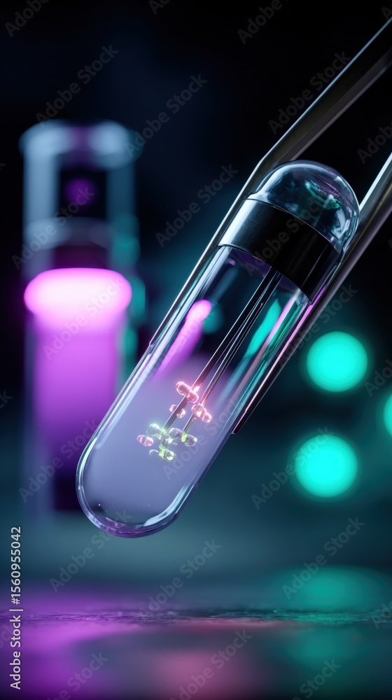 Poster Advanced laboratory test tube with colorful glowing liquids and pipette du scientific experiment in dark laboratory setting