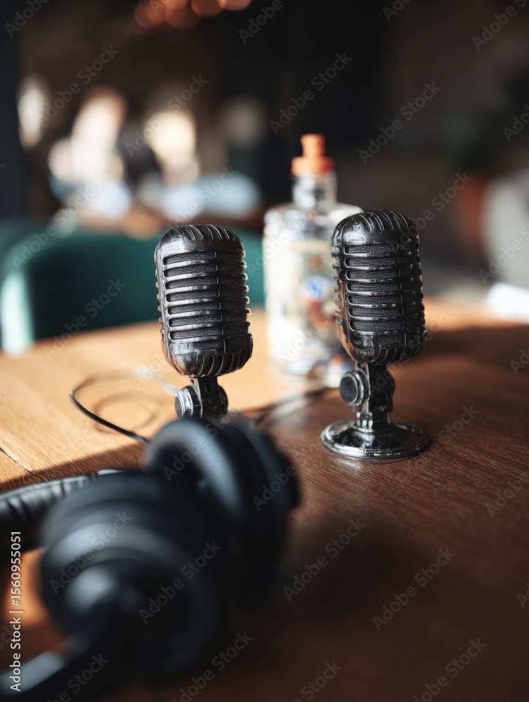 Poster Close-up view of two vintage-style microphones and a pair of headphones on a wooden table in a cozy recording studio or podcast setting with blurred background