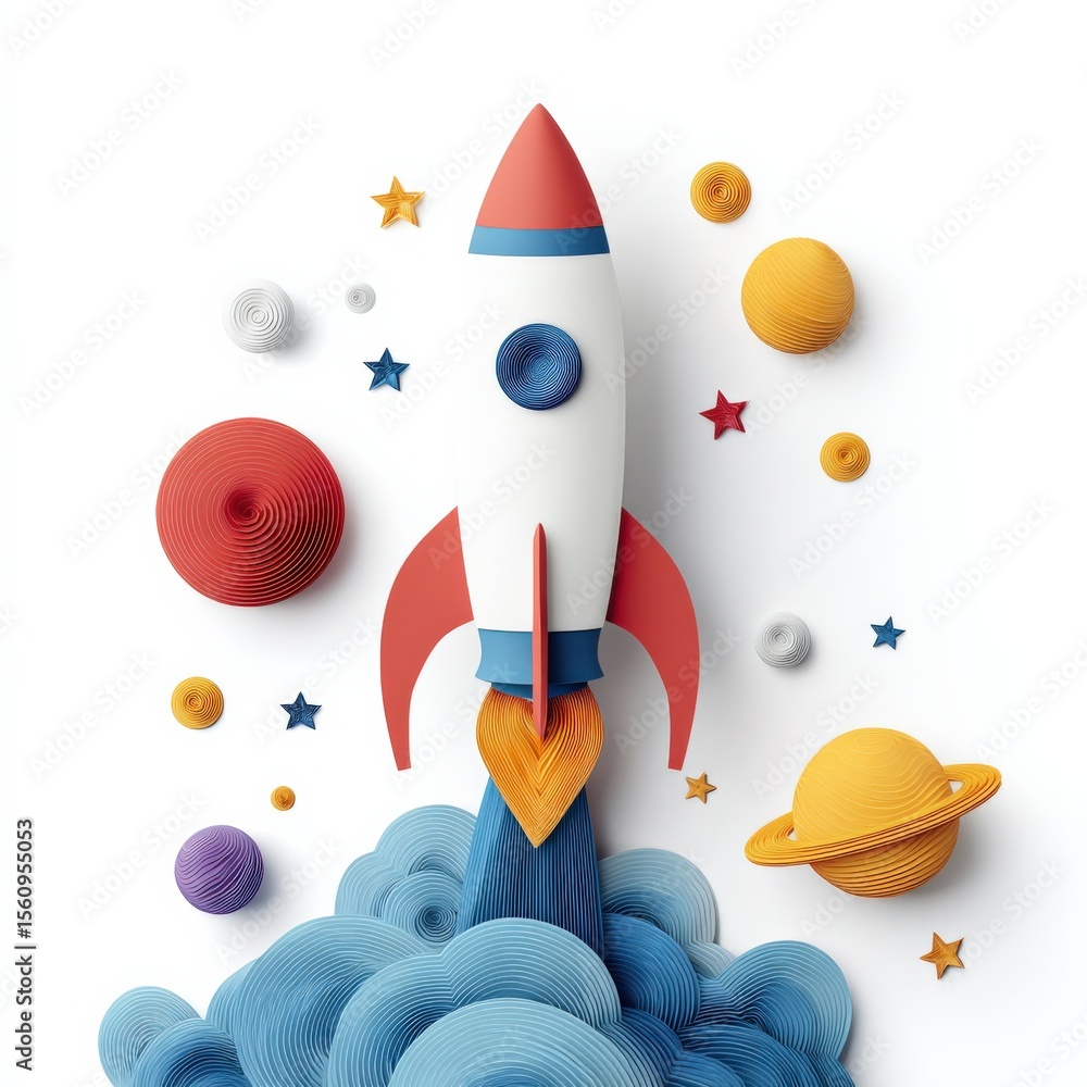 Poster whical colorful paper rocket launching into space with planets stars and clouds in a creative craft 